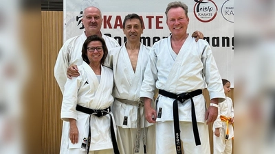 Trainierten gemeinsam (v.l.): Alex Kaufmann (4. Dan), Anja Kaufmann (5. Dan), Efthimios Karamitsos (8. Dan) und Frank Schneider (3. Dan). (Foto: 1. Budo-Verein Herrsching e.V.)