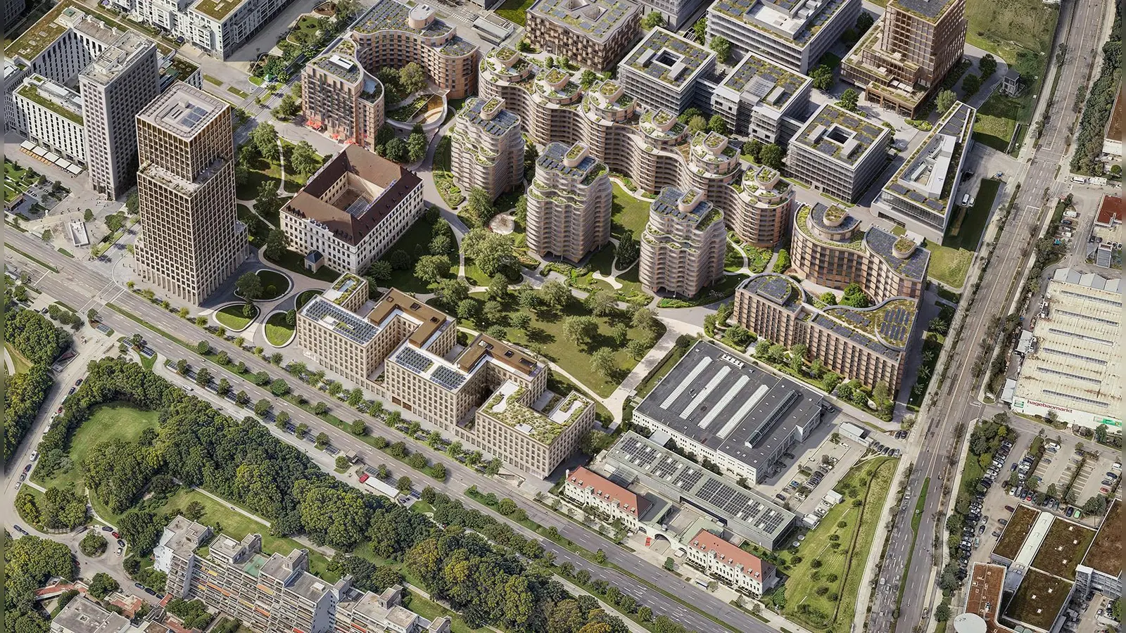 „Das Anders” soll der Name des neuen Stadtquartiers am Oberwiesenfeld sein. Es wird auf knapp 13 Hektar des ehemaligen Knorr-Bremse-Geländes errichtet. Dazu hat die Stadt nun grünes Licht gegeben. (Visualisierung: © xoio GmbH)