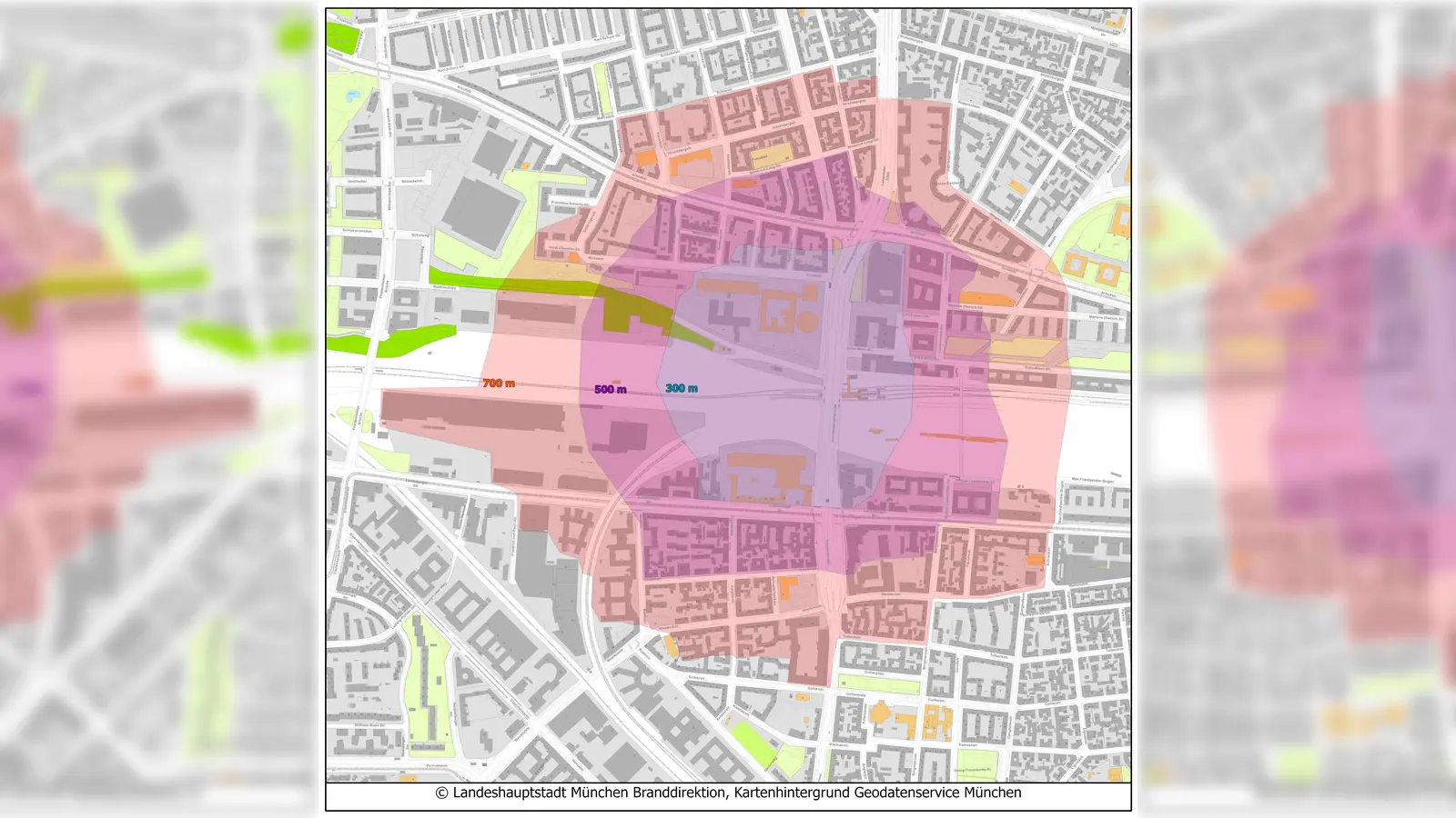 Die von der Feuerwehr vorgesehenen Sperrbereichewestlich der Donnersbergerbrücke. (Foto: LHM / Geodatenservice München)